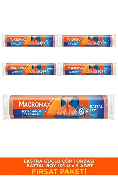 MACROMAX Ekstra Güçlü Çöp Torbası Battal Boy 5 Paket (10'lu) Dayanıklı Kalın ...