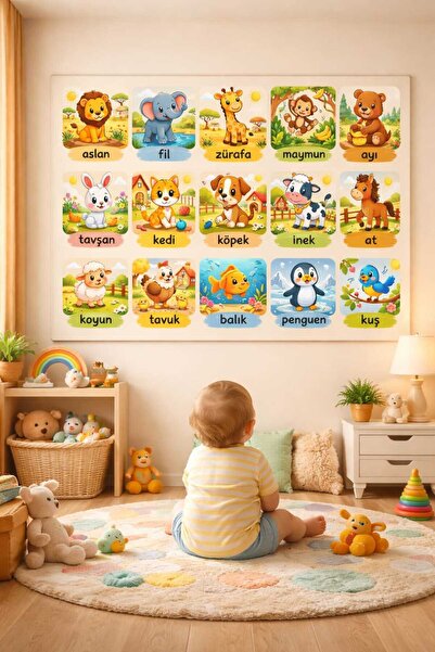 ALAMODECOR 6+ Bebek Eğitici Etkinlik Halısı Hayvanları Öğreniyorum Duvar Halısı