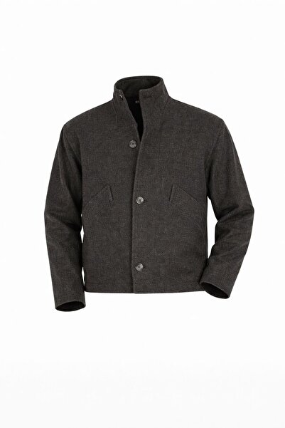 RUVEN TEKSTİL Men's Standing Collar Short Checked Coat with Pockets