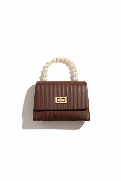 rafiel Krem, Kahverengi İnci Detaylı Gece Çantası - Lüks Davet Çantası