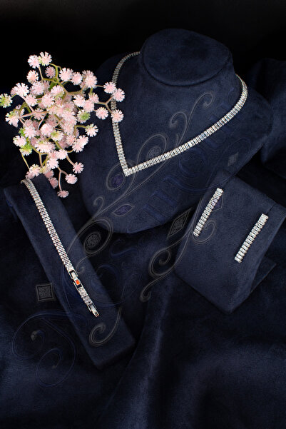 MOSSMOUR Baget Kesim Zirkon Taşlı Su Yolu V Kolye Bileklik Küpe Düğün Nişan Ö...