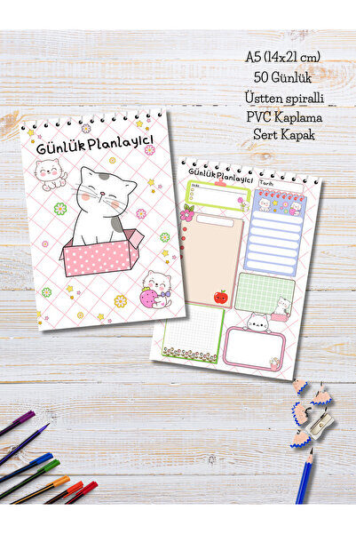 daily notebook Kedili Kawaii Günlük Planlayıcı,50 Günlük ,A5 (14x21 xm),Planl...