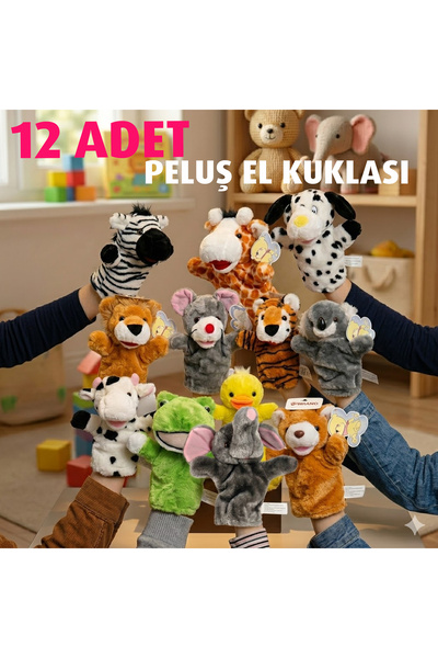 direkstoktan Peluş El Kuklaları Hayvanlar  12 Adet El Peluş El Kuklası Seti -...