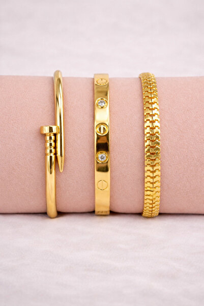 Crc Bijuteri سوار نسائي من الفولاذ المقاوم للصدأ مكون من 3 قطع باللون الذهبي