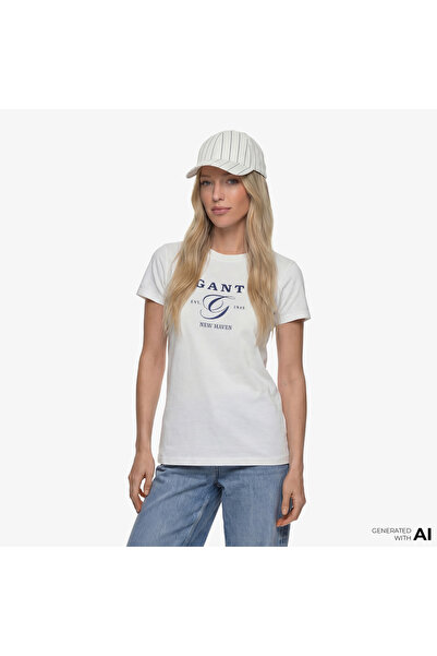 Gant Kadın Beyaz Regular Fit Bisiklet Yaka Logolu T-Shirt