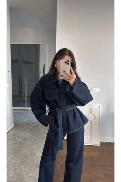 ZoeFlower Koyu Lacivert Bağlamalı Denim Takım Oversize Ceket ve Pantolon