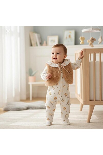 ALTINTAŞ BABY Peluş Yelekli Çiçek Desenli Fitilli Esnek Kumaş Çıtçıtlı Patikl...