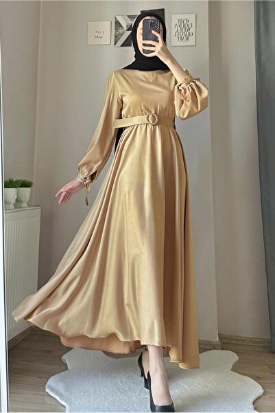 TRENDTESETTÜR KADIN ALTIN (GOLD) KEMERLİ SATEN ABİYE ELBİSE T 1395