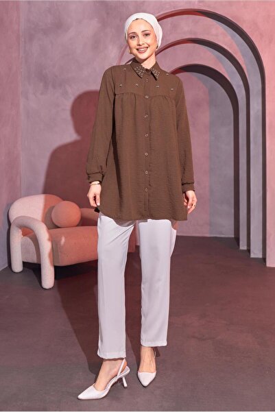 TRENDTESETTÜR KADIN KAHVE BONCUK İŞLEMELİ GÖMLEK TUNİK T 3314