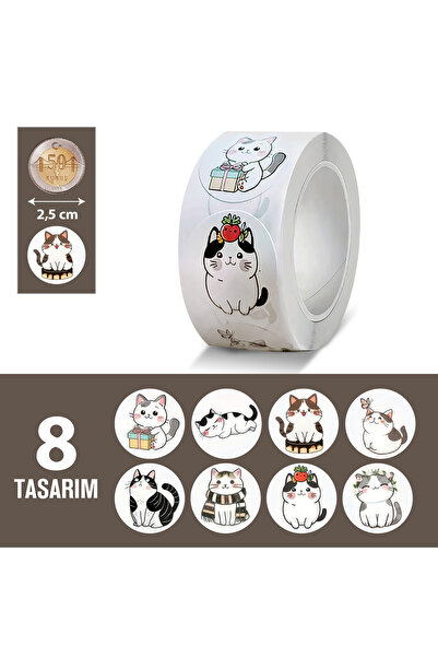 hdcw 500 ADET 2.5cm RULO YAPIŞKANLI SEVİMLİ KEDİLER TASARIMLI STICKER ETİKET ...