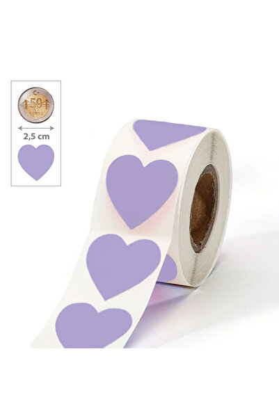 hdcw 500 ADET 2,5 cm RULO YAPIŞKANLI LİLA RENK KALP STICKER ETİKET HEDİYE PAK...