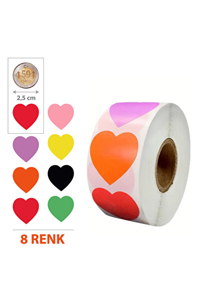 hdcw 500 ADET 2.5cm RULO YAPIŞKANLI ÇOK RENKLİ KALP STICKER ETİKET HEDİYE PAK...