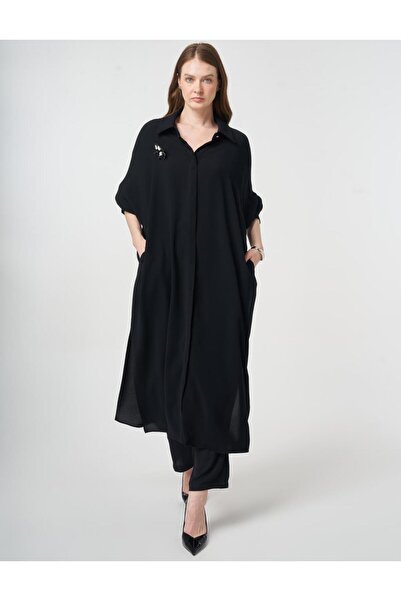 Kayra İşlemeli Krep Uzun Tunik Siyah