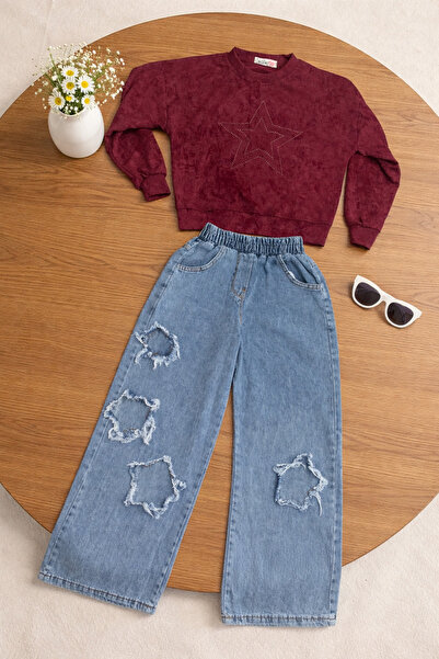 nazarbebe Κοριτσίστικο Σετ Φούτερ Βουργουνδί και Τζιν Παντελόνι Φαρδιά μπατζά...