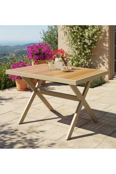 adımshops ELMAS X METAL AYAK İROKO AHŞAP BAHÇE MOBİLYASI MASA 70x110cm