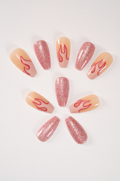 POP Beauty Kadın Pembe Desenli Takma Tırnak ve Yapıştırıcı