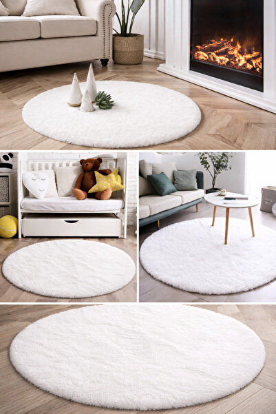 SANRUGS Home & Living Beyaz Renk Daire Peluş Pofuduk Kaymaz Taban Makinede Yı...
