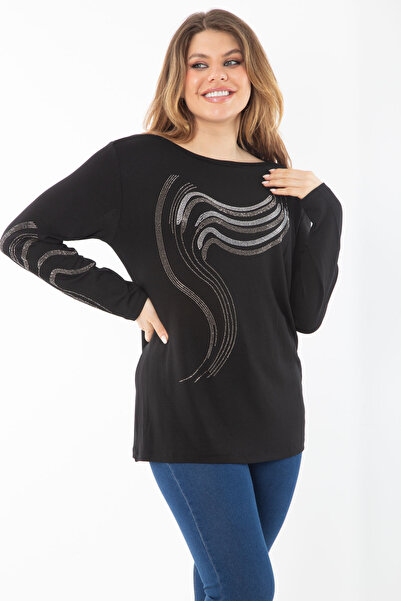 Şans Ženska bluza veće veličine sa crnim rukavima i prednjim Sa kamenim detal...