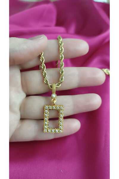 shop Gram Altın İçin Halat Zincirli Dikdörtgen Taşlı Kolye – Işıltılı Çerçeve...