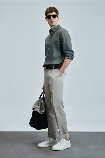 Lufian Pitaya Erkek Keten Gömlek Comfort Fit Haki