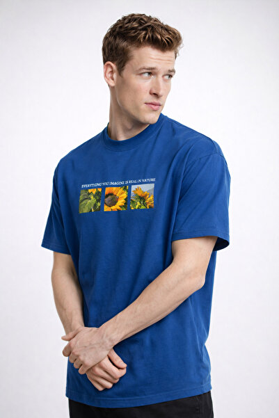 COMBİNE MİCHAİL Erkek Çiçek Baskılı Oversize Mavi Tişört