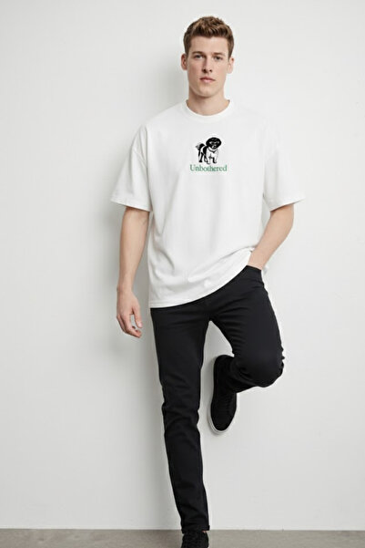 COMBİNE MİCHAİL Men's Dog Printed Oversize Ecru T-Shirt