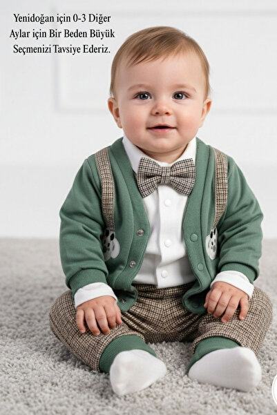 mini pakel organics Erkek Bebek Yeşil Köpek Figürlü Papyonlu Hırkalı Ekose Pa...