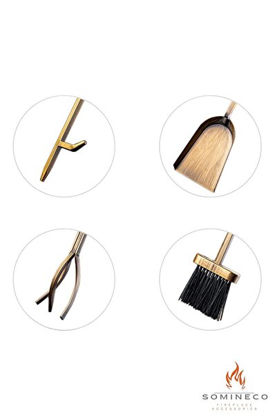 SOMINECO 5 Li Lüx Ithal Antik Gold Patinalı Şömine-soba Maşa Takımı Aksesuar Seti -sg018