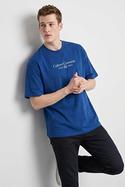 COMBİNE MİCHAİL Men's Text Printed Oversize Blue T-Shirt