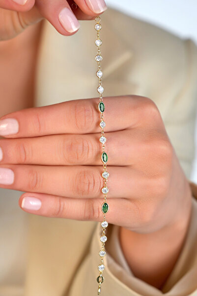 SUNSHINE 925 Ayar Gümüş Gold Kaplama Yeşil Taşlı Tasarım Bileklik