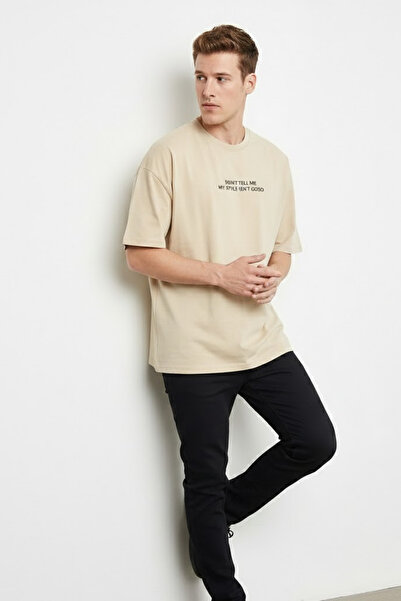 COMBİNE MİCHAİL Erkek Yazı Baskılı Kısa Kollu Krem Tişört