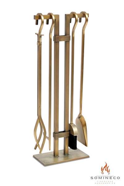 SOMINECO 5 Li Lüx Ithal Antik Gold Patinalı Şömine-soba Maşa Takımı Aksesuar Seti -sg018