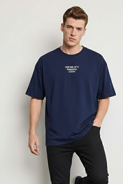 COMBİNE MİCHAİL تي شيرت رجالي بطبعة PARADOX مقاس كبير باللون الأزرق الداكن