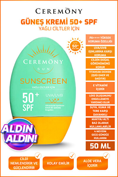Ceremony UVA-UVB Yüksek Koruma Doğal Görünümlü Hızlı Emilen 50+SPF Güneş Krem...