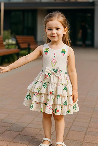 SG Exclusive Kız cocuk,keten karışımlı kumaş , eteği fırfırlı elbise