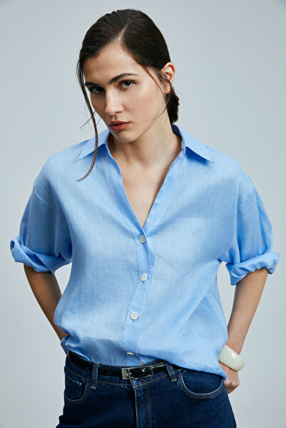 Lufian Juturna Kadın Keten Gömlek Mavi