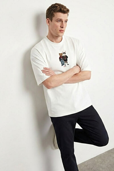 COMBİNE MİCHAİL Men's Bear & Rabbit Printed Loose Ecru T-Shirt