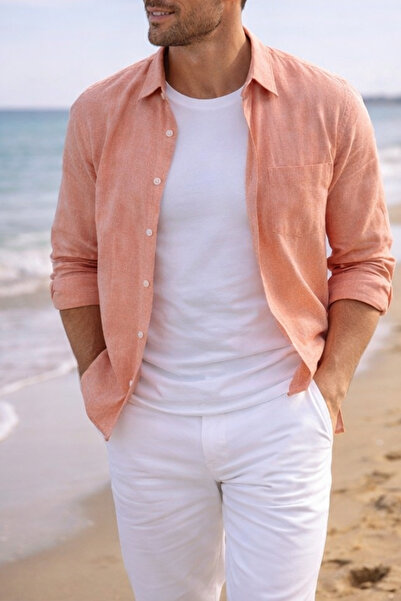 Varetta Erkek Somon Rengi Gömlek Uzun Kollu Keten Efektli Cepli Pamuklu