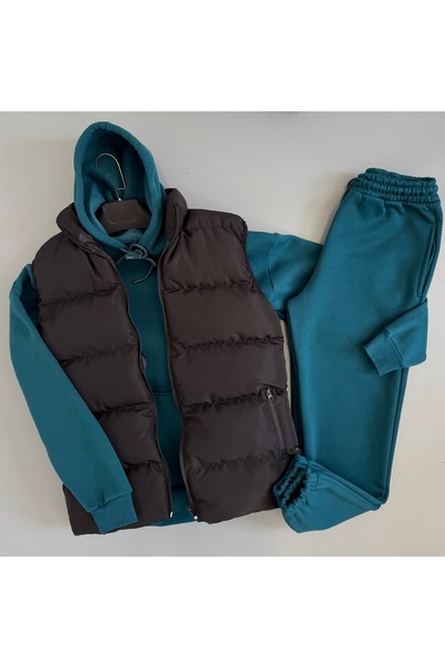 WENMİNG Men's 3-Thread Tracksuit Set K Hooded Y Vest Set 3-Piece Full Combina...