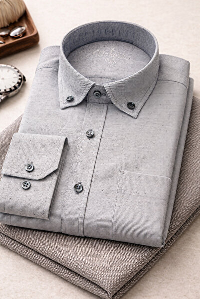 Varetta Men's Gray Shirt Linen Effect Pocketed Long Sleeve Summer Style Cotto...