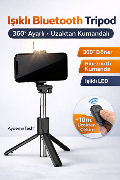 AydemirTech Işıklı Mini Tripod Bluetooth Kumandalı Kablosuz Selfie Çubuğu Işı...