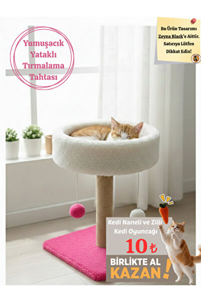 Yuvarlak Kedi Yatağı Yumuşacık Peluş Kedi Tırmalama Tahtası ve Kedi Evi- 4'lü Ponpon Oyunlu 55 cm