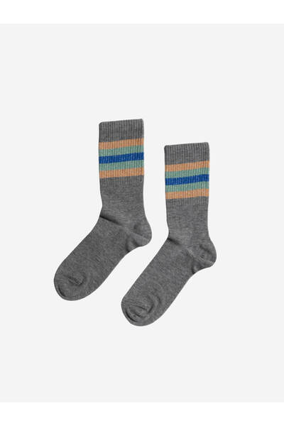 Strippe Parlak Simli Çizgili Gri Pamuklu Soket Çorap