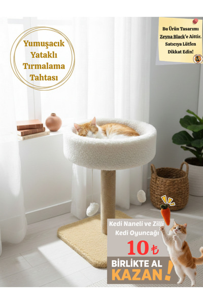 Komano Pontika Yuvarlak Kedi Yatağı Yumuşacık Peluş Kedi Tırmalama Tahtası ve...