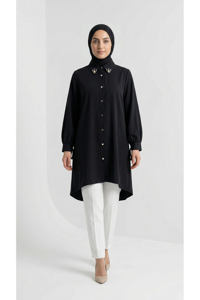 MİHRA STORE Özden Μακρύ Τουνίκ με Πέτρες στο Λαιμό-ZN2090 Μαύρο