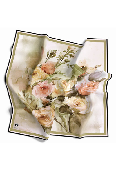 VİOLLA Rayon Çiçek Desenli Haki Renkli 90x90 Eşarp (İpek İçermez) Kenar Dikiş...
