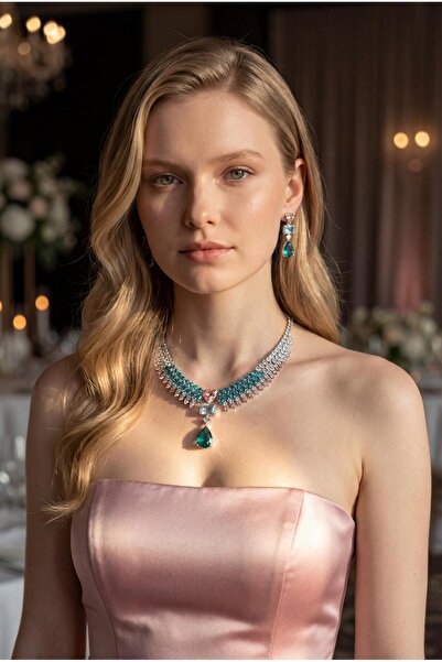 VİYA Alyce Zirkon Taşlı Takı Seti Kolye Küpe Set Düğün Nişan Seti