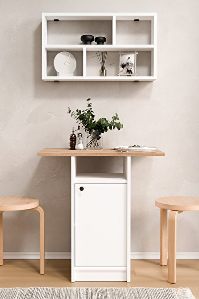 Yurudesign Nord Mutfak Masası Yemek Masası Dolaplı Raflı Sepet-Beyaz ND17-SW