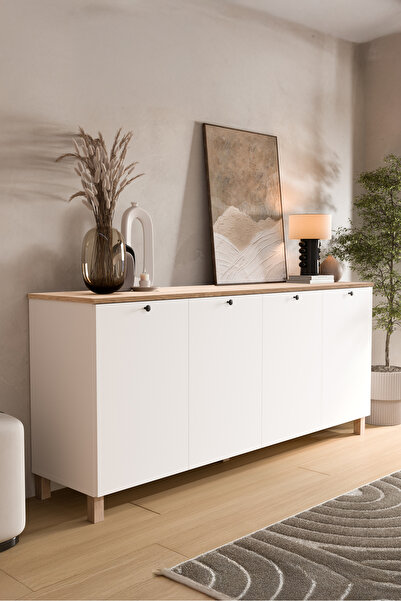 Yurudesign Nord Konsol 4 Kapaklı Ahşap Ayaklı 180cm Sepet-Beyaz ND4-SW