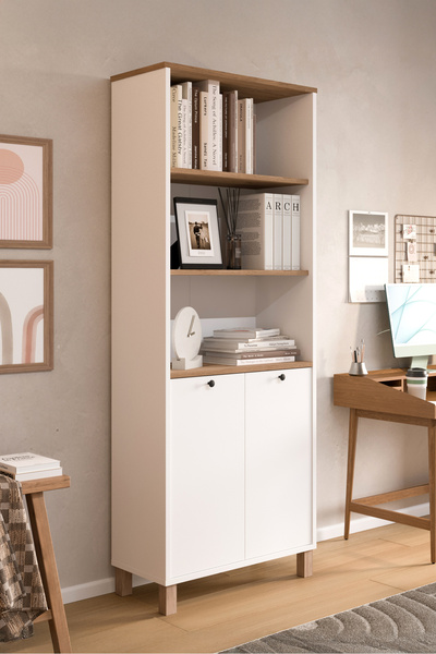 Yurudesign Nord Kitaplık Raf Ahşap Ayaklı 180cm Kapaklı Sepet-Beyaz ND13-SW